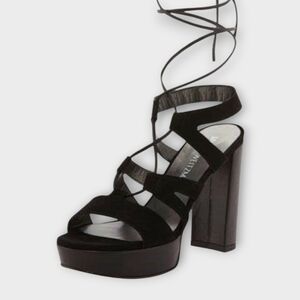 Stuart Weitzman Black Leather Leg Wrap Platform Chunky Heeled Sandals Size 8.5